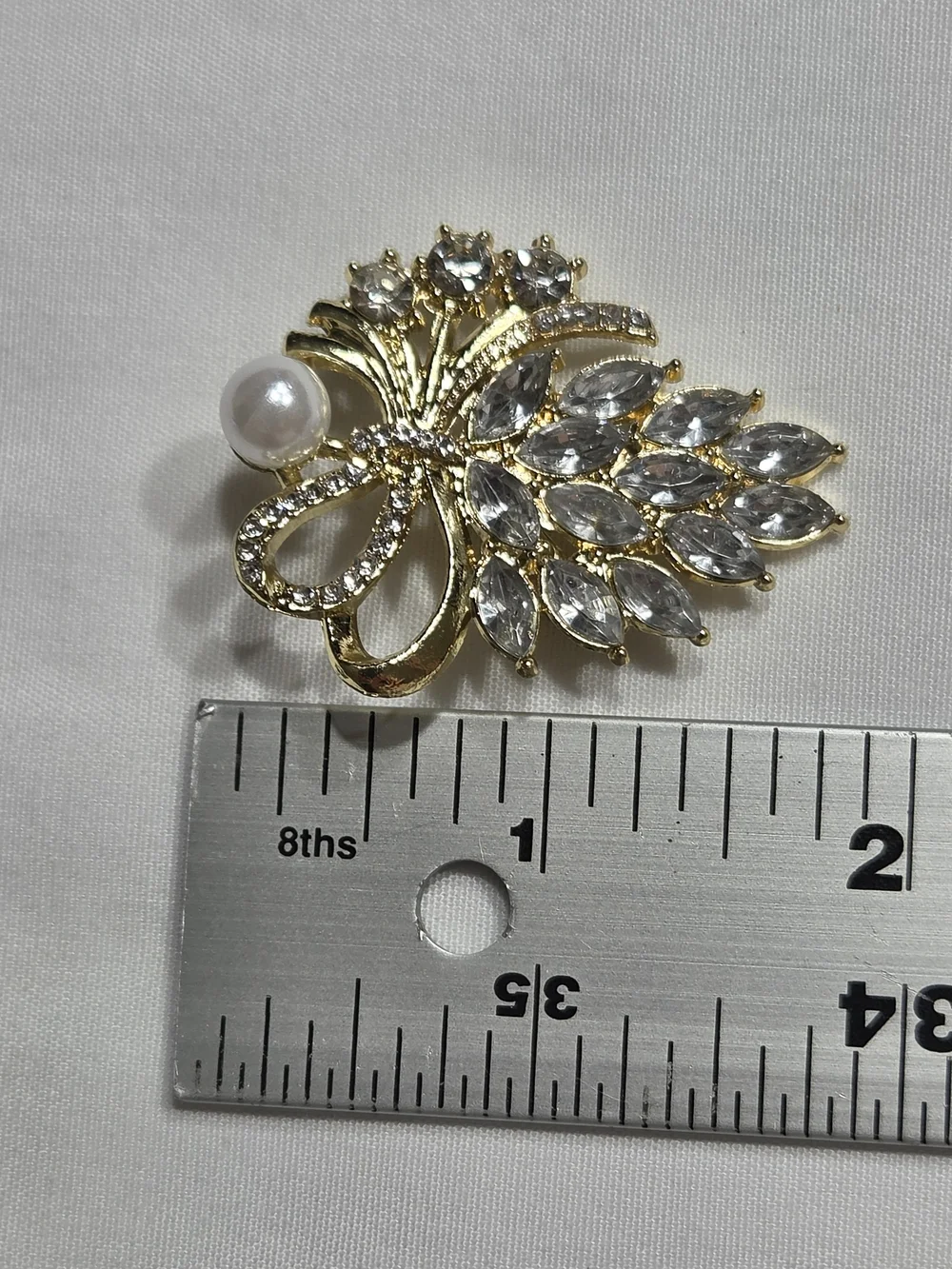Gold Tone Flower Brooch Pin Clear Marquise Rhinestones  Imitation Pearl 1.5 in